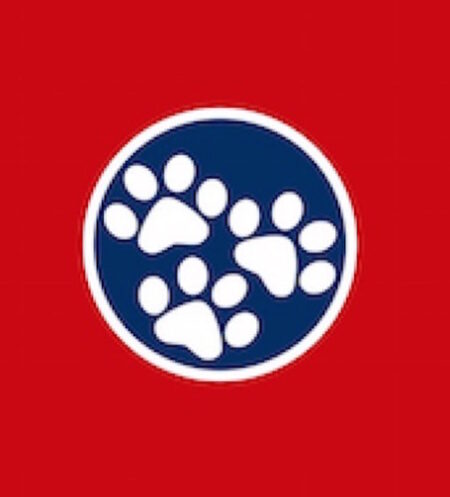 A red and white logo with three paws in it.