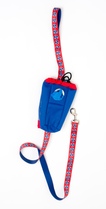 A blue and red cell phone holder with a leash.