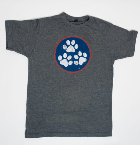 A gray t-shirt with three paws on it.