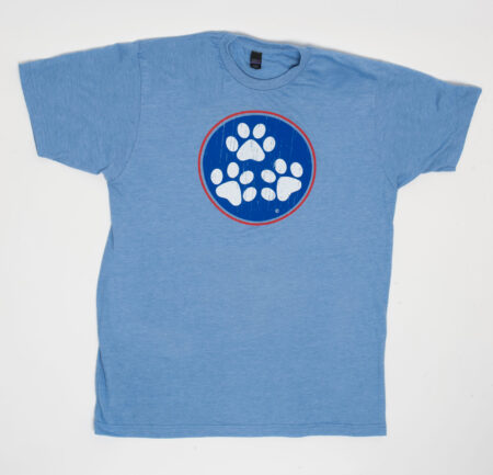 A blue t-shirt with three paws on it.