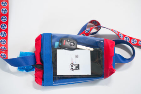 A blue and red bag with a camera on it.