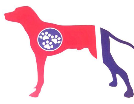 A red dog with paw prints on it's back.