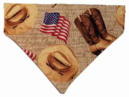 A bandana with various meats and flags on it.