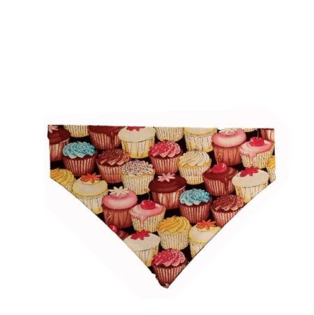 A dog bandana with cupcakes on it.