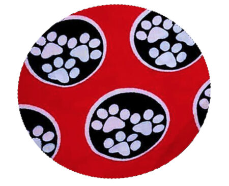 A red and black circle with white paw prints.