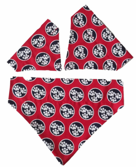 A red bandana with black and white wheels on it.