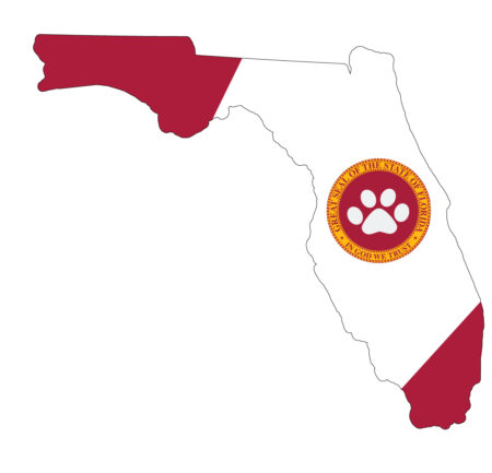 A red and white map of florida with an orange paw print.