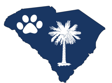 A blue and white logo of the state of south carolina with a paw print.