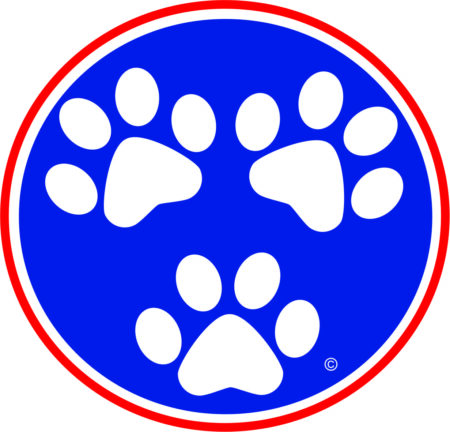 A blue circle with three white paws on it.