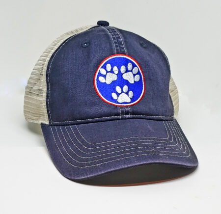 A blue hat with paw prints on it.