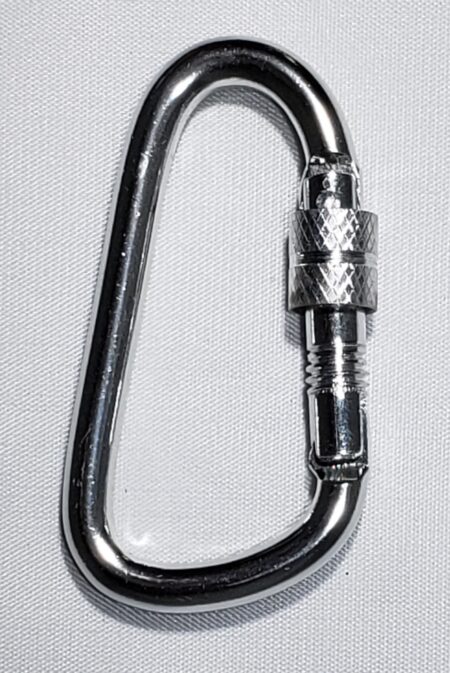 A metal carabiner with a screw on the side.