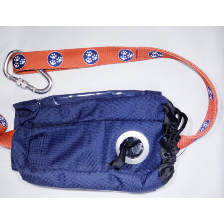 A blue bag with an orange strap and a blue handle.