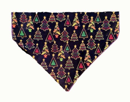 A black bandana with colorful christmas trees on it.