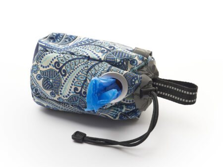 A blue bag with a black handle and some blue flowers