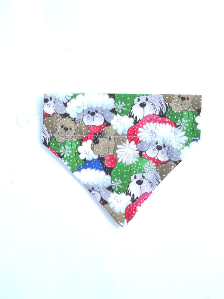 A dog bandana with different colored sheep on it.