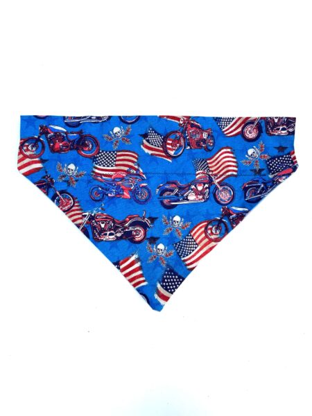 A blue bandana with red, white and blue designs.