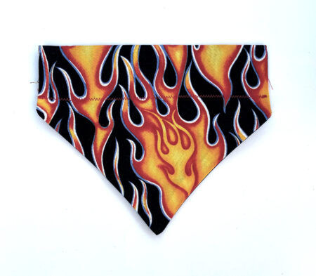 A fire themed bandana with flames on it.