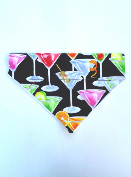 A black bandana with colorful drinks on it.