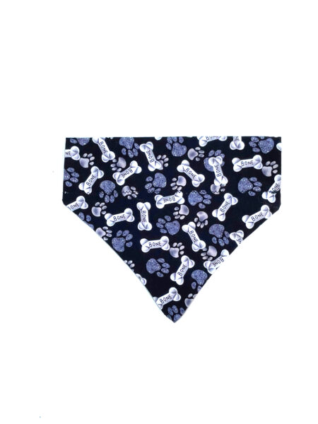 A dog bandana with blue and white bone print.