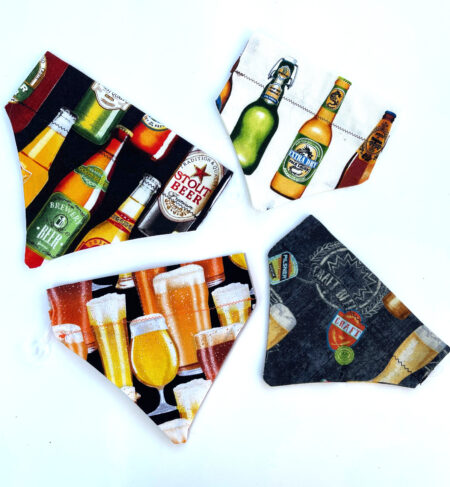 A group of beer themed dog bandanas.