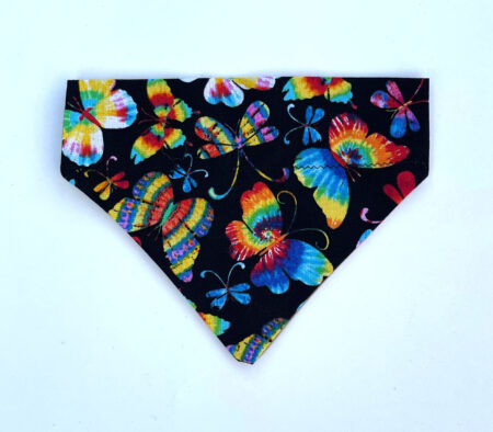 A black bandana with rainbow butterflies on it.