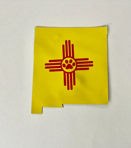 A yellow state with a red sun and an arrow on it.